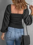 Women Solid Square Neck Long Sleeve Lantern Sleeve Pleated Top