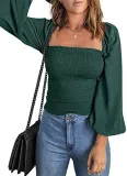 Women Solid Square Neck Long Sleeve Lantern Sleeve Pleated Top