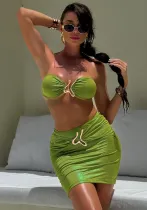 Women Strapless Lace-Up Metal Sexy Bikini Three-Piece Swimwear