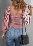 Women Solid Square Neck Long Sleeve Lantern Sleeve Pleated Top