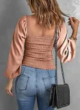 Women Solid Square Neck Long Sleeve Lantern Sleeve Pleated Top