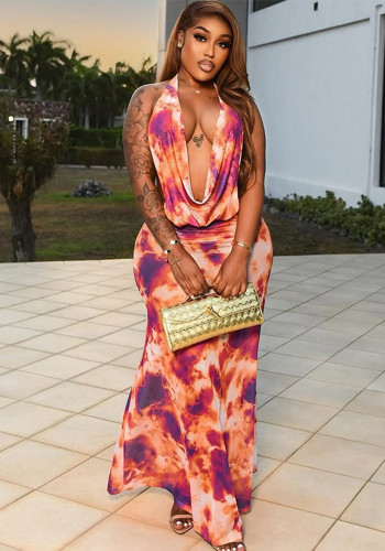 Women Elegant Printed Swinging Halter Neck Top and Skirt Two-piece Set