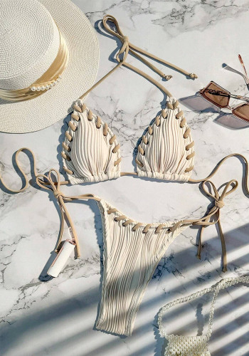 Women Sexy Lace-Up Halter Neck Striped Bikini Swimwear Two Pieces