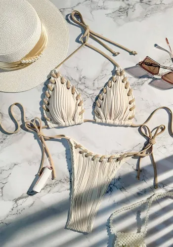 Women Sexy Lace-Up Halter Neck Striped Bikini Swimwear Two Pieces