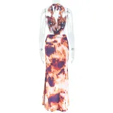 Women Elegant Printed Swinging Halter Neck Top and Skirt Two-piece Set