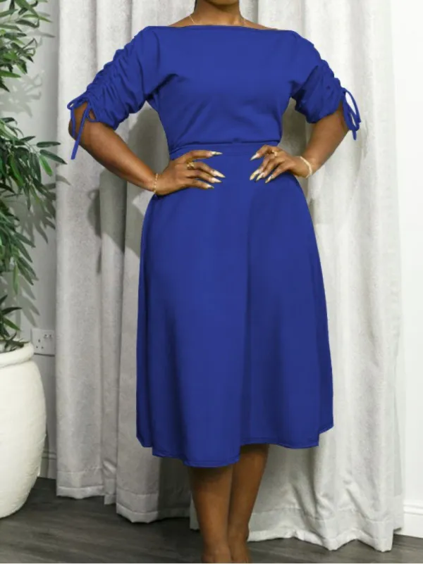 Plus Size Women Summer Two-Piece Set Boat Neck Drawstring Bat Sleeves Skirt Two-Piece Set