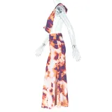 Women Elegant Printed Swinging Halter Neck Top and Skirt Two-piece Set