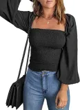 Women Solid Square Neck Long Sleeve Lantern Sleeve Pleated Top