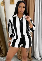 Women Summer Casual Striped Turndown Collar Top and Shorts Two-Piece Set