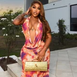 Women Elegant Printed Swinging Halter Neck Top and Skirt Two-piece Set