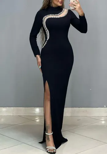 Women Black Elegant Mesh Diamond Split Dinner Long Sleeve Bandage Dress