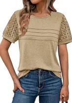 Women Summer Holidays Casual Round Neck Solid Lace T-Shirt