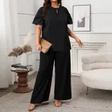 Summer Casual Round Neck Short Sleeve Top Loose Wide Leg Pants Two Piece Set