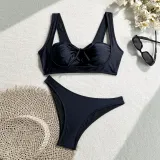 Women Solid Sexy Hollow Tethered Swimwear Two Pieces