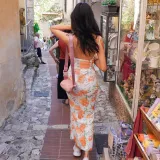 Summer Women's Chic Slim Waist Printed Lace-Up Slim Strap Long Dress