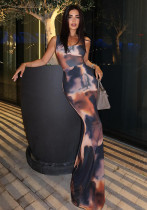 Summer Fashion Sleeveless Strap Printed Slim High Waist Long Dresses