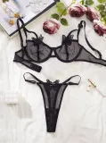 Shiny Beaded Butterfly Embroidered Sheer Mesh Steel Ring 2-Piece Lingerie