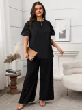 Summer Casual Round Neck Short Sleeve Top Loose Wide Leg Pants Two Piece Set