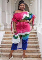 Plus Size Off Shoulder Printed Bat Sleeves Top Split Long Skirt Two Piece Set