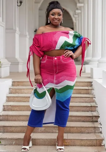 Plus Size Off Shoulder Printed Bat Sleeves Top Split Long Skirt Two Piece Set