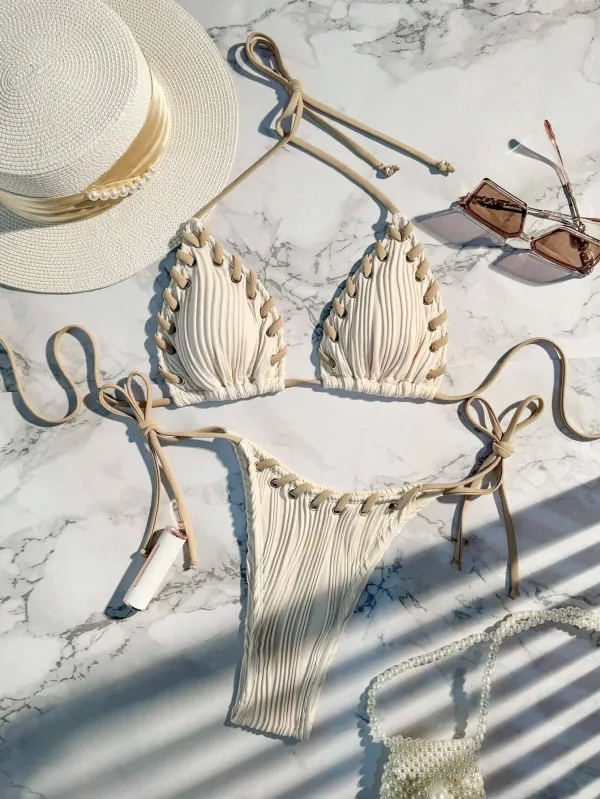 Women Sexy Lace-Up Halter Neck Striped Bikini Swimwear Two Pieces