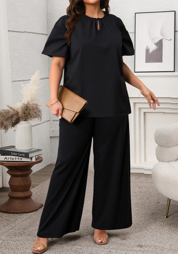Summer Casual Round Neck Short Sleeve Top Loose Wide Leg Pants Two Piece Set