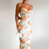 Summer Women's Chic Slim Waist Printed Lace-Up Slim Strap Long Dress