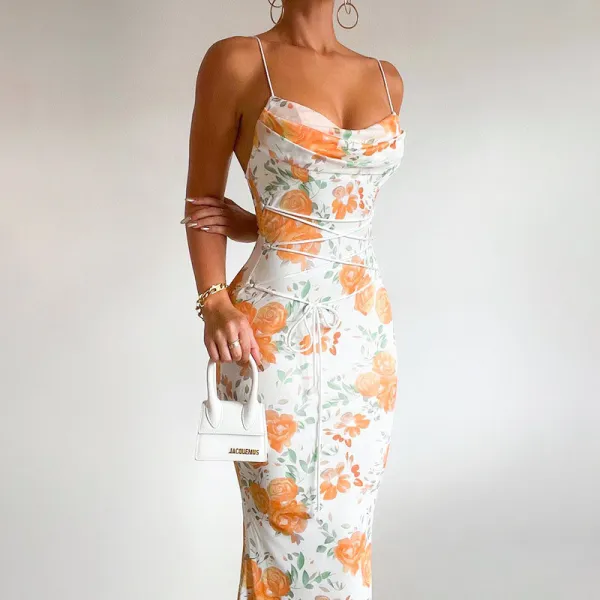 Summer Women's Chic Slim Waist Printed Lace-Up Slim Strap Long Dress