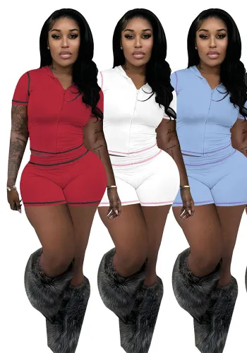Summer Zipper Hooded High Stretch Sports Casual Short Sleeve Two Piece Shorts Set