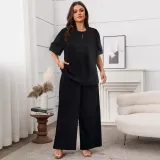 Summer Casual Round Neck Short Sleeve Top Loose Wide Leg Pants Two Piece Set