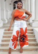 Plus Size Spring/Summer Printed One Shoulder Crop Top Wide Leg Pants Two Piece Set