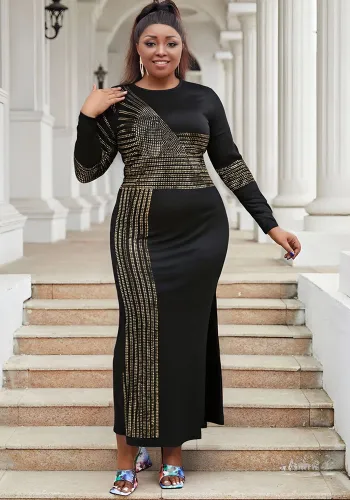 Sexy Long Sleeve Round Neck Beaded Split Dress Plus Size Women's Nightclubwear