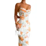 Summer Women's Chic Slim Waist Printed Lace-Up Slim Strap Long Dress