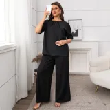 Summer Casual Round Neck Short Sleeve Top Loose Wide Leg Pants Two Piece Set