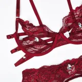 Sexy Lace-Up Sheer Steel Ring 3-Piece Lingerie Set