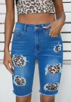 Women's Summer Street Leopard Patchwork Stretch Mid Knee-Length Shorts Ripped Washed Denim Pants