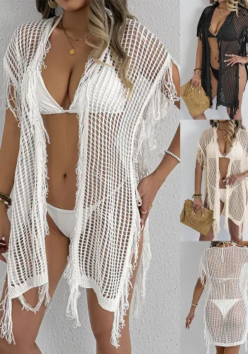 Women's Cardigan Sexy Hollow Out Knitting Shirt Fringe Patchwork Beach Cover-Up