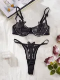 Shiny Beaded Butterfly Embroidered Sheer Mesh Steel Ring 2-Piece Lingerie