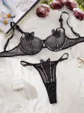 Shiny Beaded Butterfly Embroidered Sheer Mesh Steel Ring 2-Piece Lingerie
