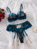 Sheer Embroidered Mesh Chain Steel Ring 3-Piece Lingerie Set