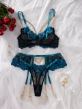 Sheer Embroidered Mesh Chain Steel Ring 3-Piece Lingerie Set