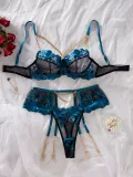 Sheer Embroidered Mesh Chain Steel Ring 3-Piece Lingerie Set