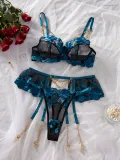 Sheer Embroidered Mesh Chain Steel Ring 3-Piece Lingerie Set