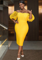 Women Sexy Strapless See-Through Lantern Sleeve Party Cocktail Beading Dress