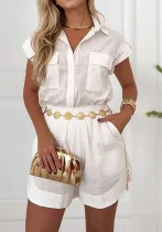Women roll-up sleeve pocket casual shirt and shorts two-piece set