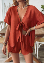 Women summer casual ruffle bow tie shirt and shorts two-piece set