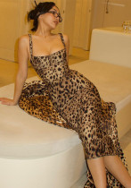 Women Spring Summer U-neck Sexy Leopard Strap Dress