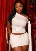 Women Lace-Up Slash Shoulder Asymmetric Top and Skirt Two-Piece Set