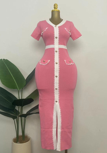 Women summer v-neck contrasting knitting dress