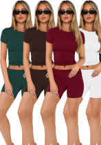 Women short-sleeved round neck top and shorts two-piece set